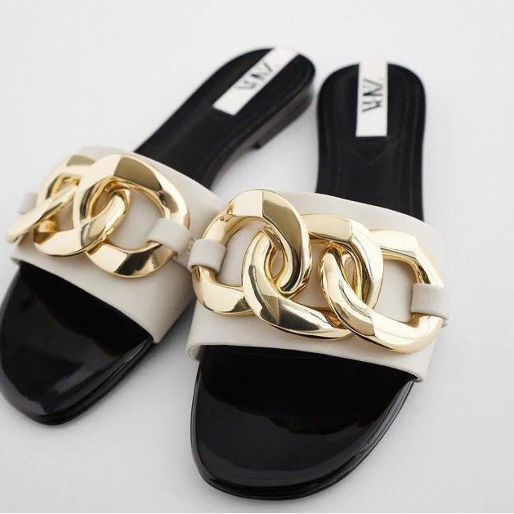 Zara Black and Gold Chain Slide Sandals